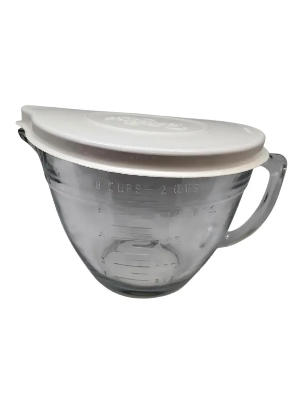 Pampered Chef Measuring cup, Batter Bowl, D handle, clear glass, 2 Quart, 8 Cup